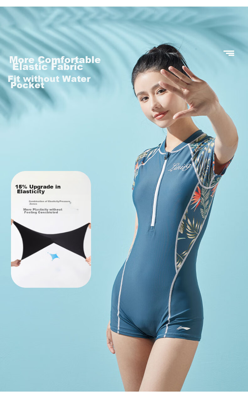 Li-Ning Women's Professional One-Piece Swimsuit, Conservative Square-Leg Design, Slimming, Tummy Control, Swimming Suit, Hot Spring Resort Swimwear, 179 Blue, Size M 4