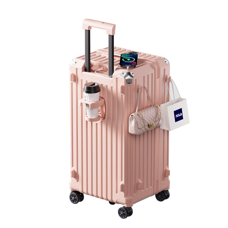DULA Five-Wheel Large Capacity Suitcase with Cup Holder, Travel Case with Charging Port, Password Lock, Leather Suitcase, Cherry Blossom Pink, 24 Inches