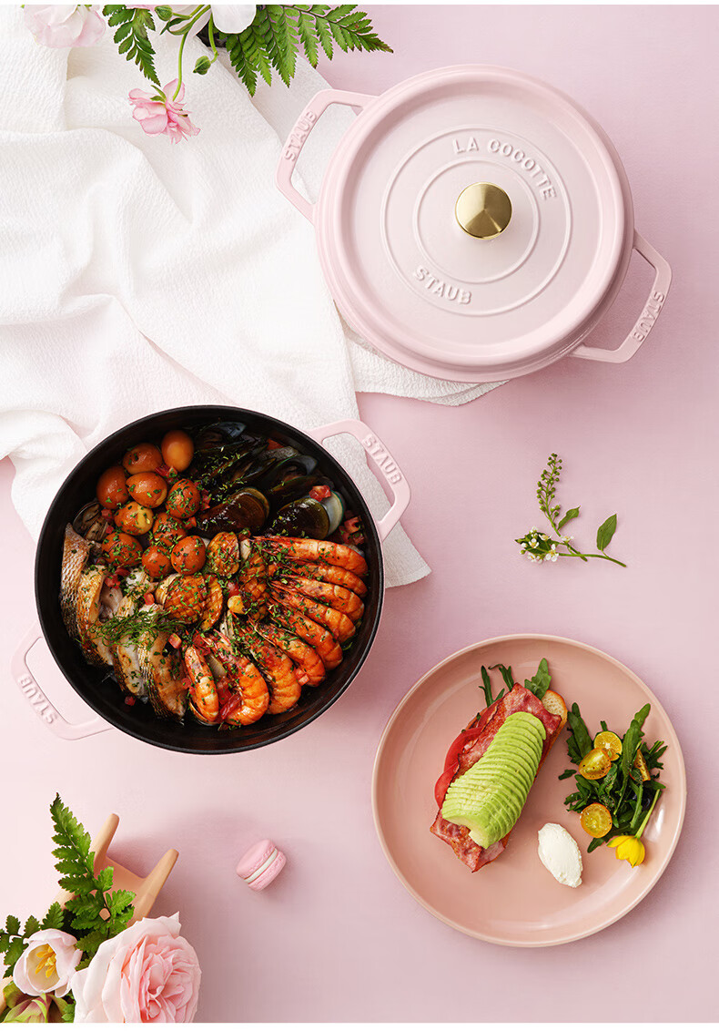 Staub French Imported Enamel Cast Iron Pot, Flat Bottom Double-Handled Soup Pot, Round Stew Pot, Mousse Rose, 24cm, 1030217 10