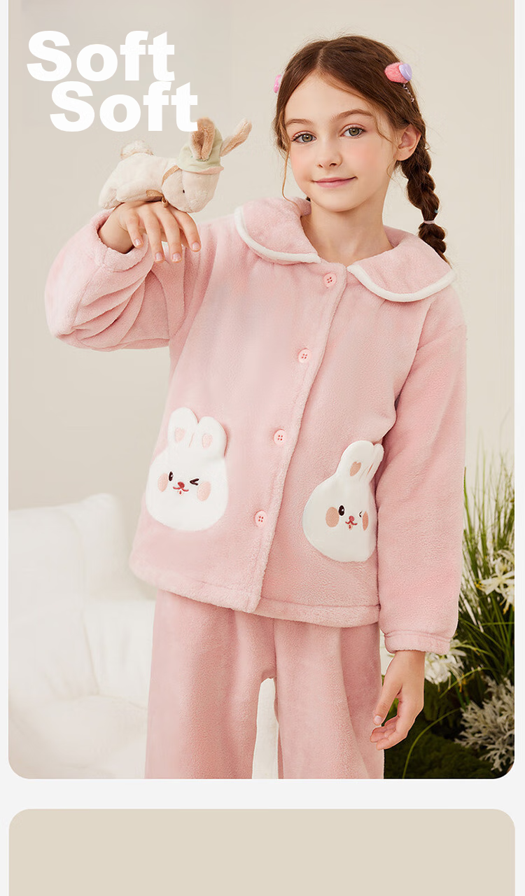Dingguagua Winter Girls' Pajama Set, Flannel Fleece for Older Children, Coral Fleece Children's Loungewear, Pink, Size 170 2