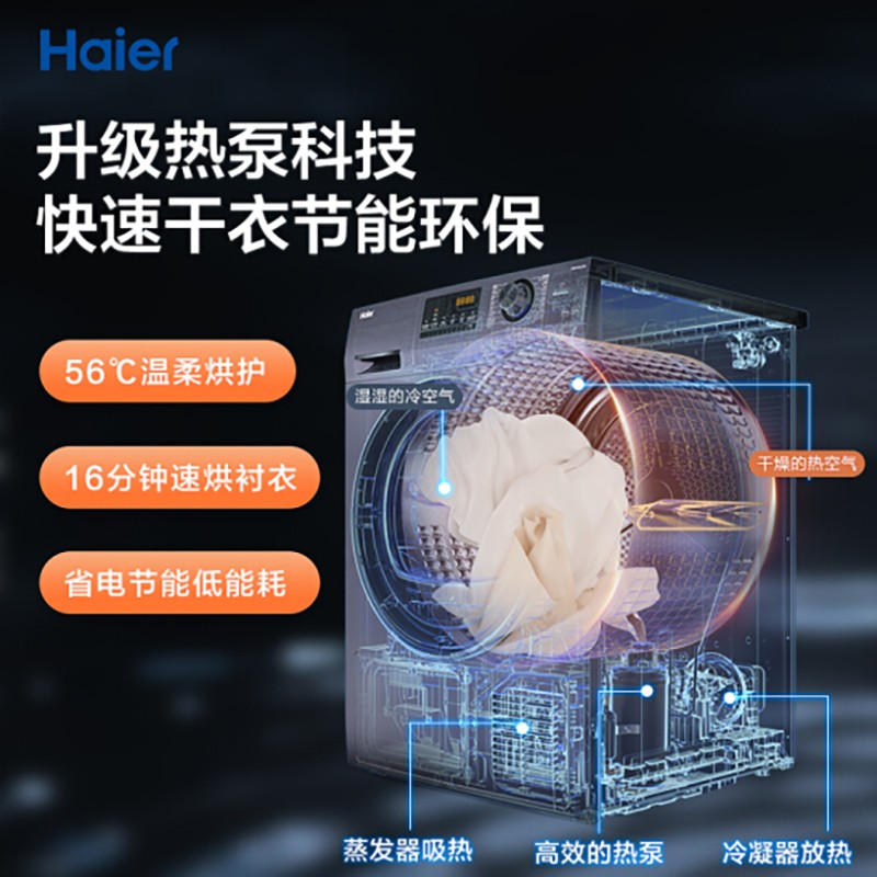 海尔(Haier)热泵烘干机家用干衣机除菌家用 9/10公斤滚筒式 正反转烘衣机EHGN90209S 海尔10kg热泵式烘干机100-636