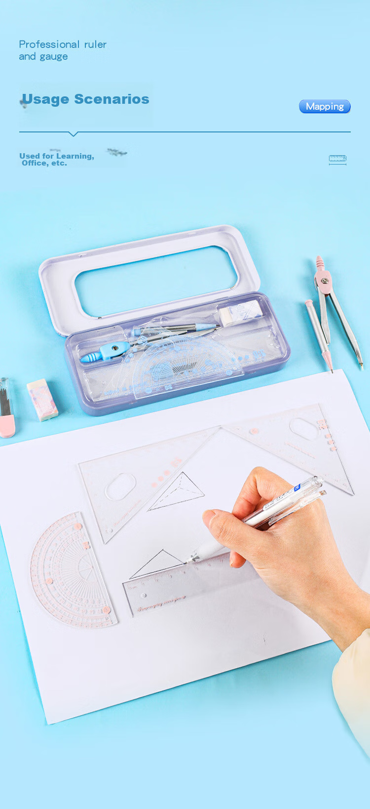 KALRENCAT Stationery Student Exam Drawing Ruler Set: 15cm Straight Ruler + 2 Triangular Rulers + Protractor, 4-Piece Set Recommended for Exams, National Day And Mid-Autumn Festival Gift Package 13