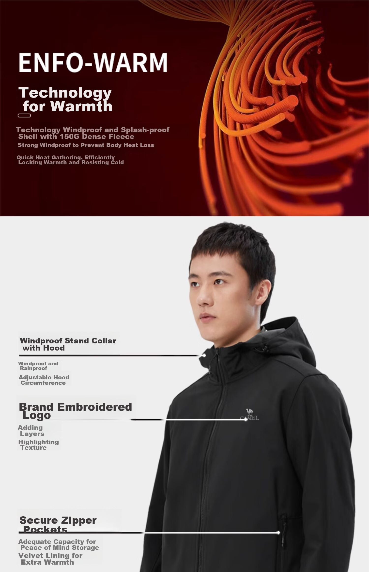 CAMEL Outdoor Soft Shell Jacket for Couples, Waterproof And Windproof, Fleece-Lined Hooded Coat, Trendy AA32263652A 8