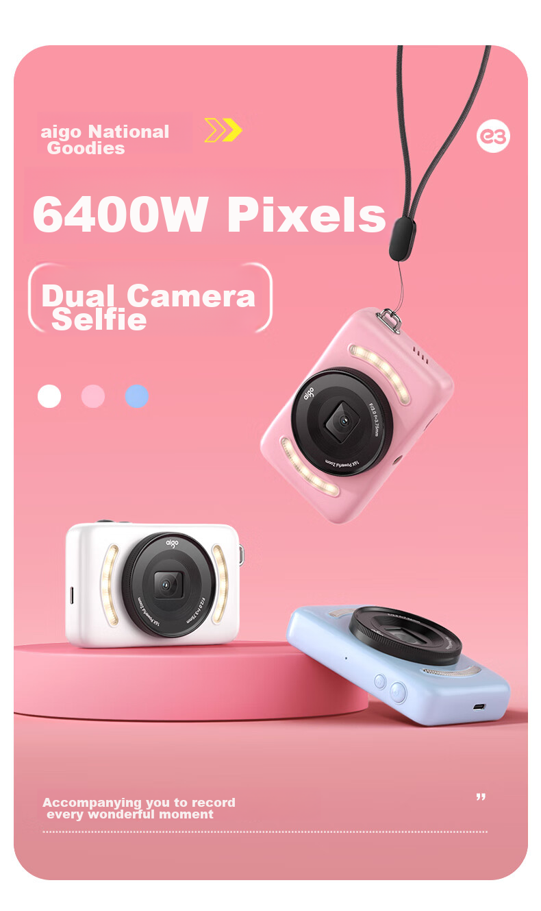 Aigo E3 Student Digital Camera, Compact Card Camera for Girls, High-Definition Campus Travel Birthday Gift Alternative, CCD Dual Rear Cameras with Selfie Function, 32GB Pink 3