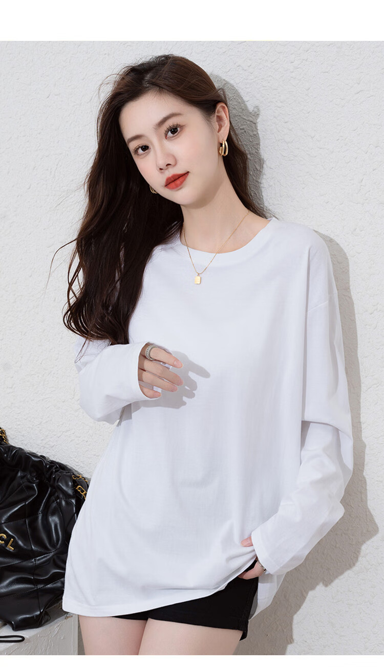 NOME Long-Sleeve T-Shirt for Women, 2024 New Spring And Autumn Style, Pure Cotton Mid-Length Loose Comfortable Base Layer Solid Color Top, Black, XL 6