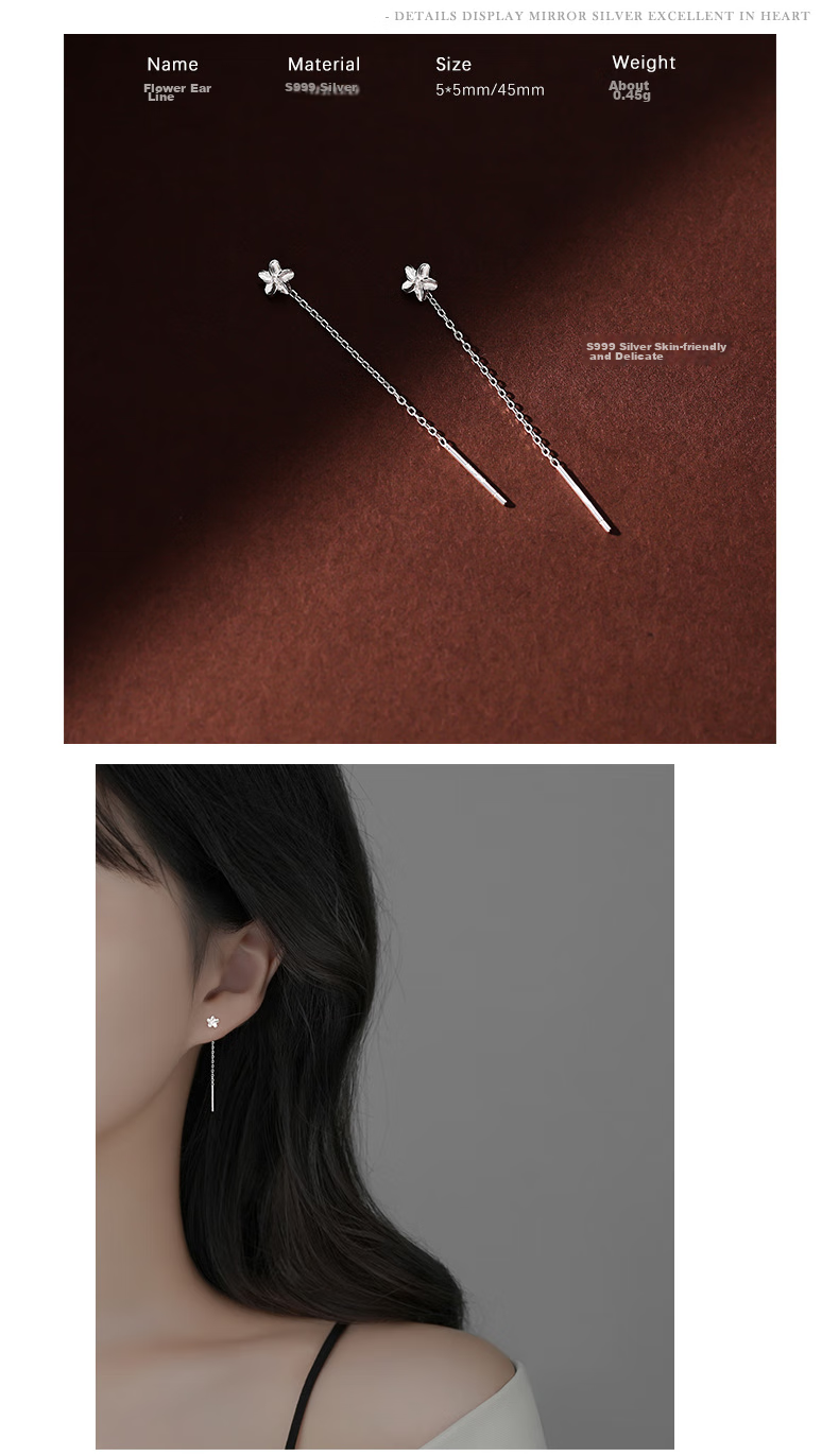 Dijing 999 Sterling Silver Ear Studs for Women, Long Earrings, Birthday Gift for Girls in 2026, Elegant Ear Hoops for Pierced Ears 4