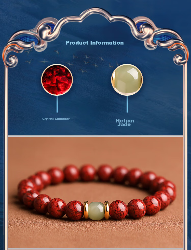 Doukou Shiguang Original Ore Translucent Crystal Cinnabar Bracelet, High-Content Zodiac Year Hetian Jade Fortune-Turning Bead Bracelet for Men And Women, 6mm 4