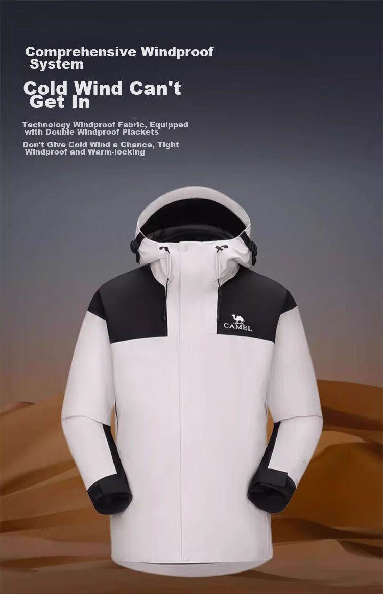 CAMEL Three-Proof Outdoor Jacket, Three-In Color-Block Mountaineering Suit, O149 Oak Gray Phantom Black, Men's Size S 6