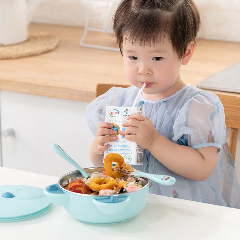 Детская тарелка COOKSS, 316 нержавеющая сталь, с присоской, для кормления младенцев, с вилкой и ложкой, 550 мл, голубой