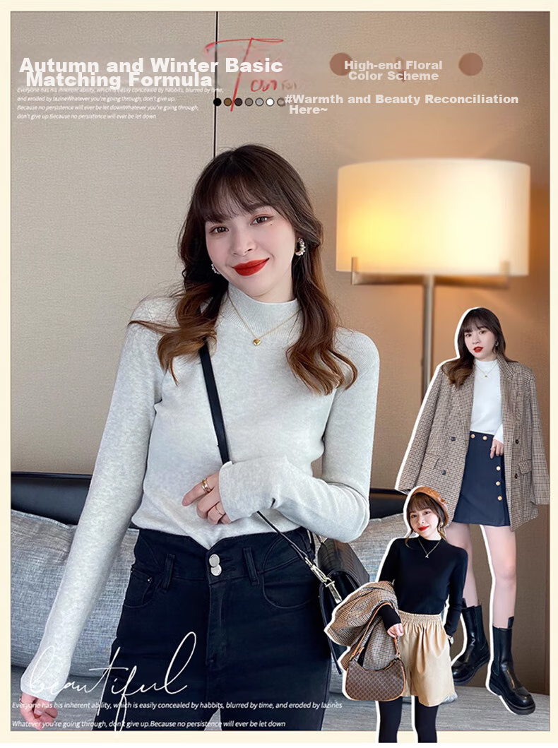 XUEXIMAN Semi-Turtleneck Base Layer for Women, Autumn And Winter Solid Color High-End Base Shirt, Versatile Slimming Knitted Sweater Suitable for Outer Wear 1