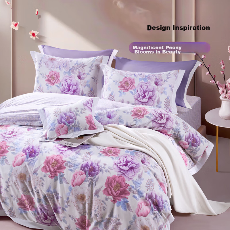 Fuanna 4-Piece Bedding Set 100% Cotton Traditional Chinese Style Bed Sheet and Duvet Cover Single/Double 203x229cm