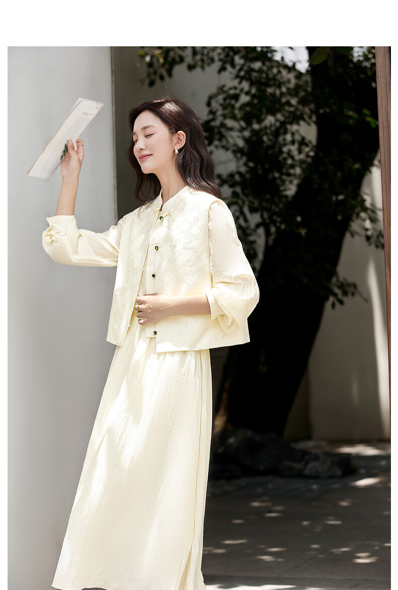 Fansiman Elegant Chinese Style Women's Autumn New Jacquard Vest Round Neck Long Dress Set Elegant Apricot S 17