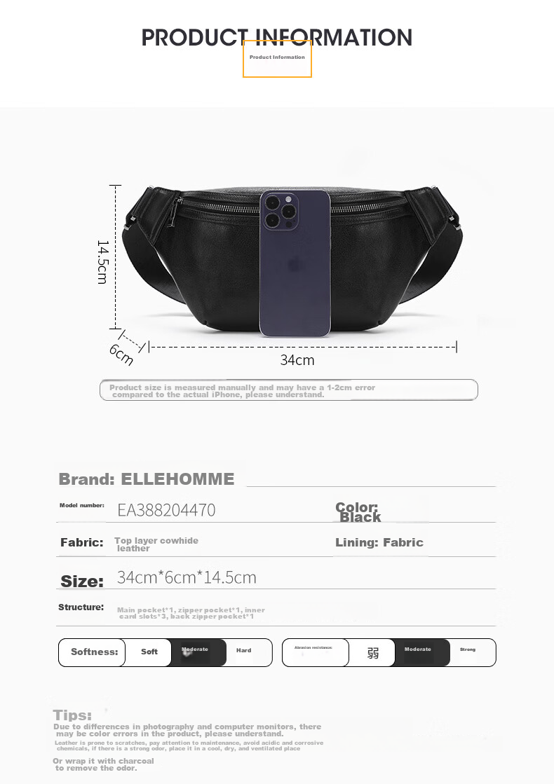 ELLE HOMME Fashionable Men's Chest Bag, Casual Top-Grain Leather Shoulder Crossbody Bag, Trendy Waist Pack 04470 Black 4
