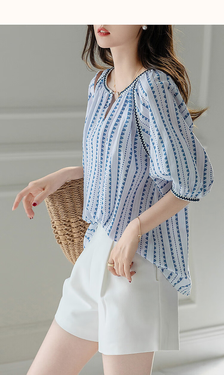 Dme [Gentle Treasure OOTD] Summer French Comfortable Cotton Blend Shirt with Puff Sleeves, Slimming Blouse Women's Top 16