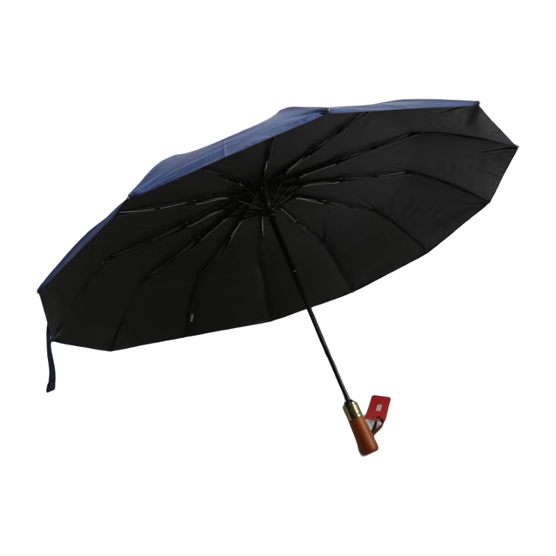 JD Original President, Fully Automatic Umbrella, Tri-Fold, Extra Large, Folding Business Retro Automatic Wooden Handle Umbrella, Blue, 23 Inches, 105cm