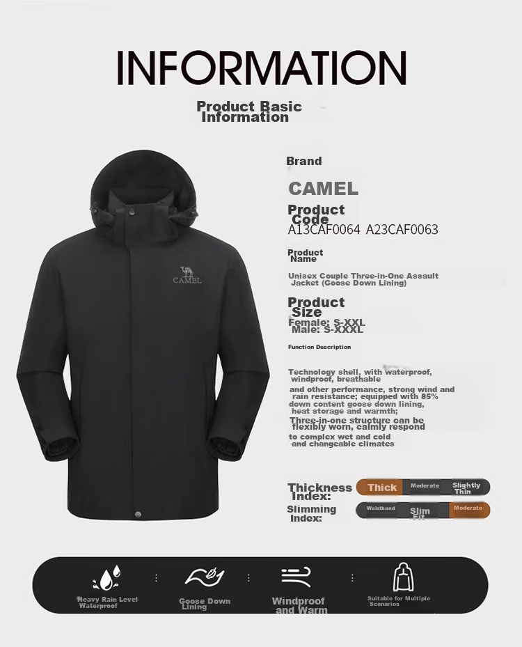 CAMEL Cold-Resistant Windbreaker with Goose Down Inner Liner, Men's Three-In down Jacket, Mountaineering Coat [Snow Region] A13CAFa0064 17