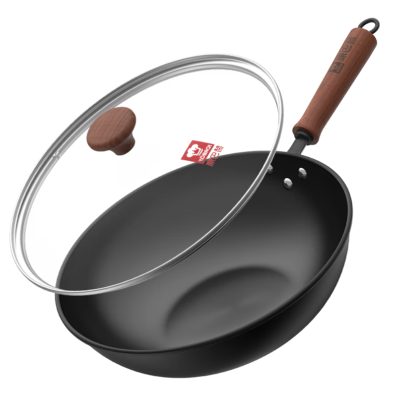 KOBACH Wok, Non-Coated Stir-Fry Cast Iron Pan, Large Capacity Flat-Bottom Cooking Pan for Home Use, Compatible with Induction And Open Flame Stoves