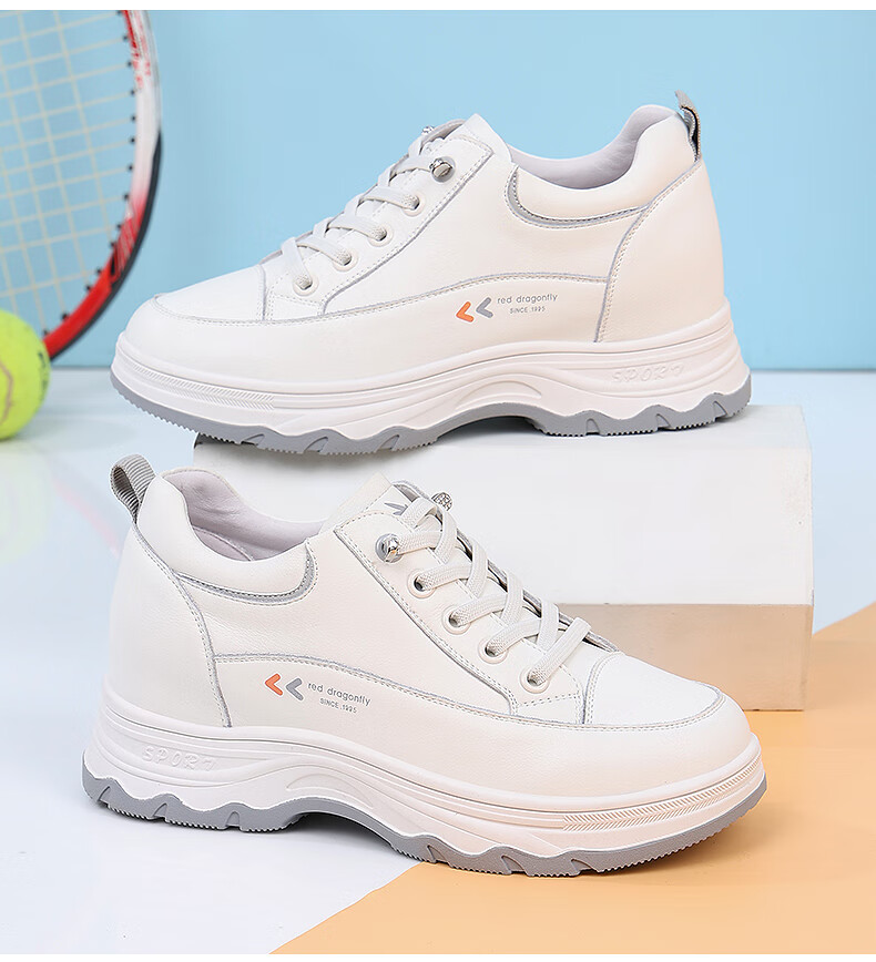 Red Dragonfly Women's White Sneakers Thick Sole Height Increasing Fleece Lined Warm Casual Shoes Women's Ins Style Canvas Shoes C0TTN05121M Beige Gray Size 37 2