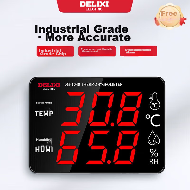 DELIXI ELECTRIC Industrial-Grade Indoor Temperature And Humidity Meter, Large Screen Electronic High-Precision Wall-Mounted Temperature And Humidity Display, Home Alarm