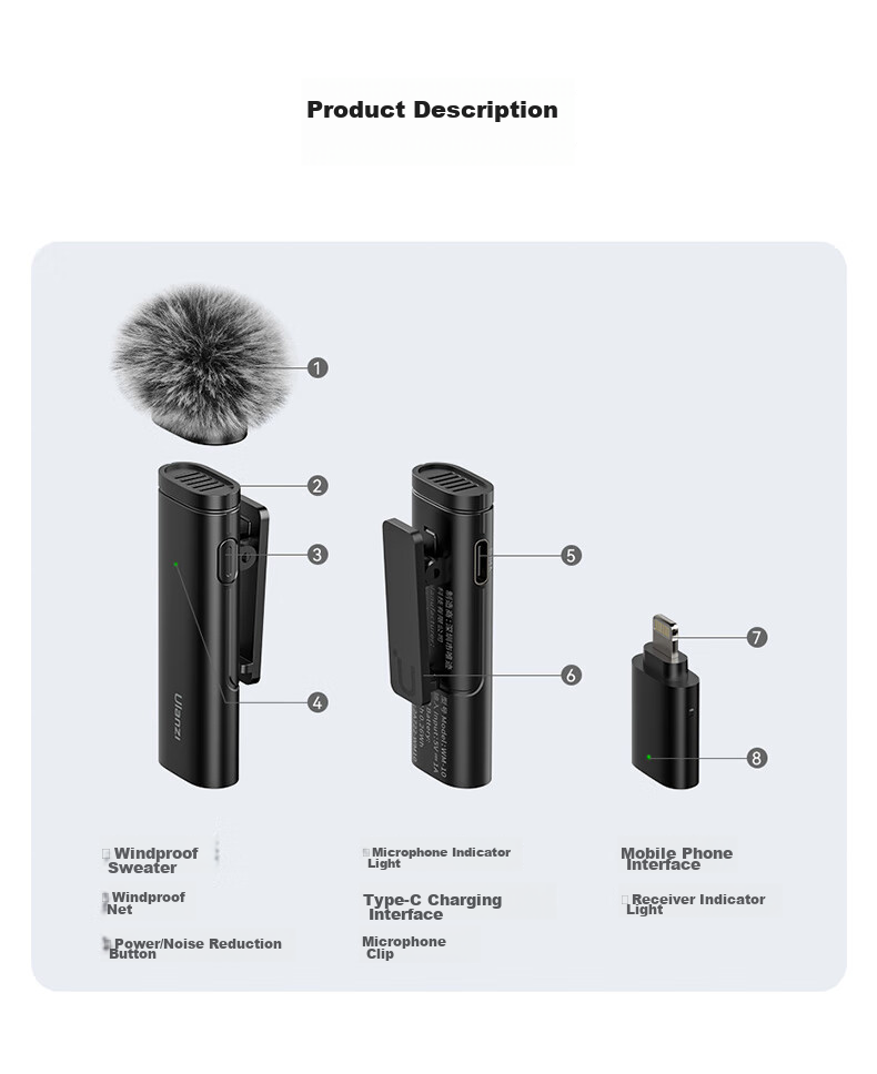 Ulanzi WM-10 Wireless Lavalier Microphone (Lighting Version) One-To Vlog Interview Outdoor Interview Live Streaming Mobile Direct Plug-In Microphone 9