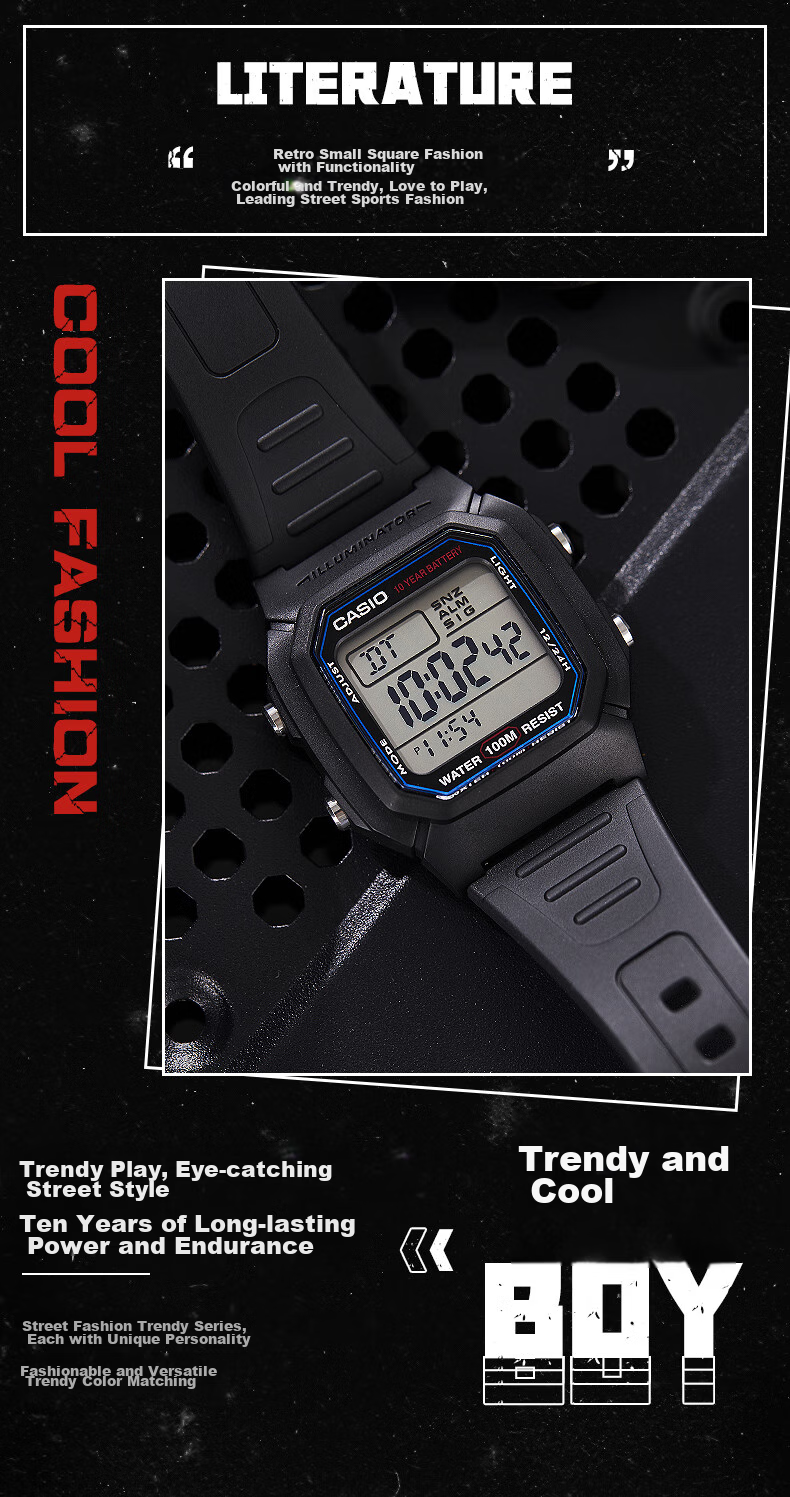 CASIO Men's Small Square Series Outdoor Waterproof Sports Student Watch Luminous Digital Watch Gift for Boyfriend W-96H-1B 3