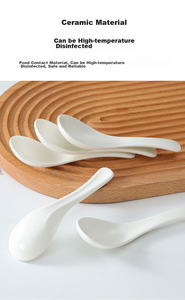 Shihua Ceramic Small Rice Spoon, Soup Spoon, And Small Spoon Set of 5 Pieces, Curved Handle Tablespoon for Home And Hotel Use, Pure White Dining Spoo 5