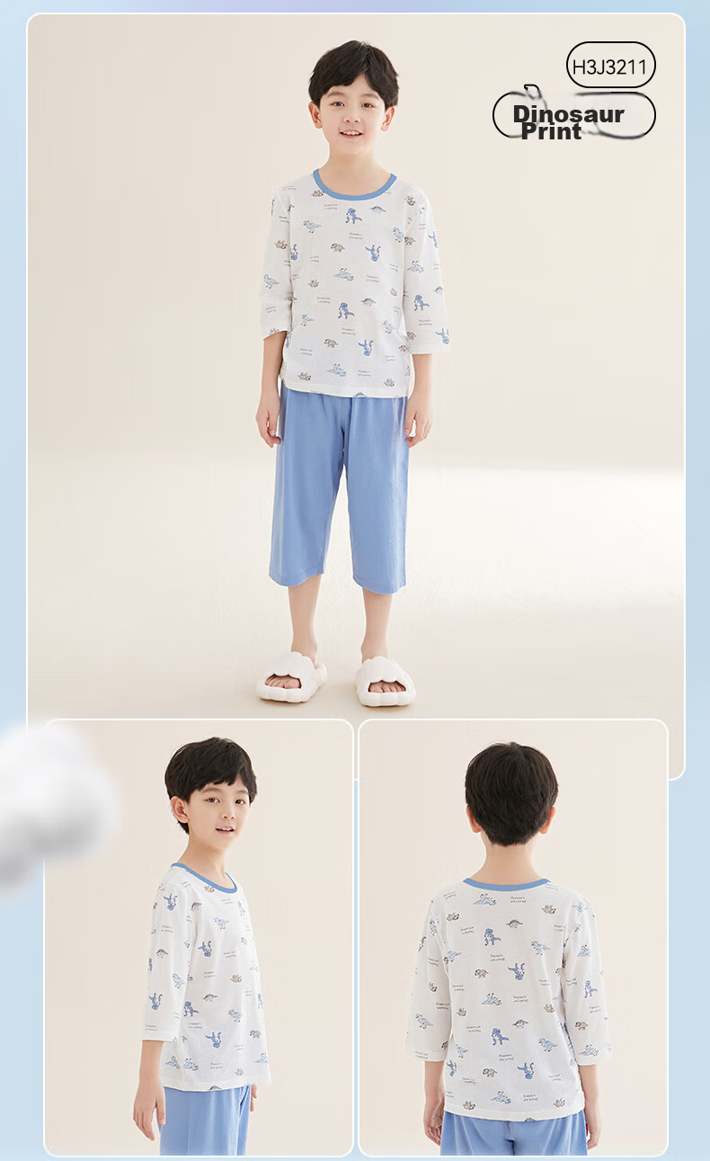 Hodo Children's Pajamas, Boys And Girls Summer Thin Pure Cotton Short-Sleeve Home Wear Set, 3A Antibacterial Air Conditioning Suit 3207 120 16