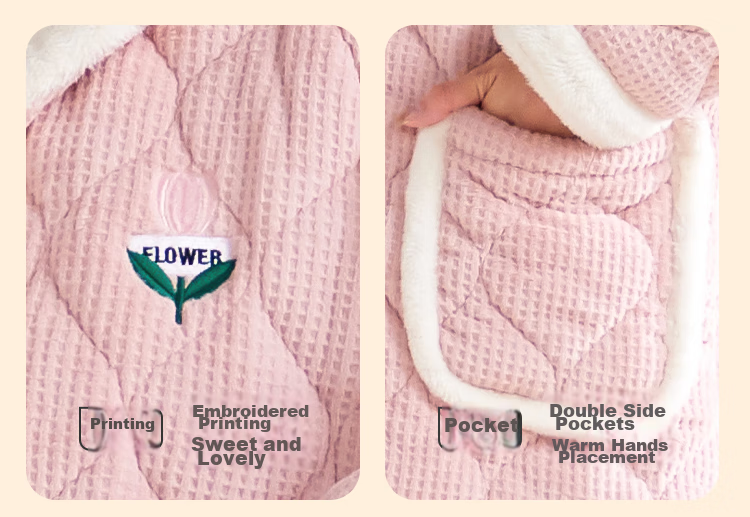 MiiOW Coral Fleece Three-Layer Padded Women's Pajamas, Ultra-Thick Fleece-Lined Warm Loungewear, Suitable for Outdoor Wear, Cherry Blossom Pink 32