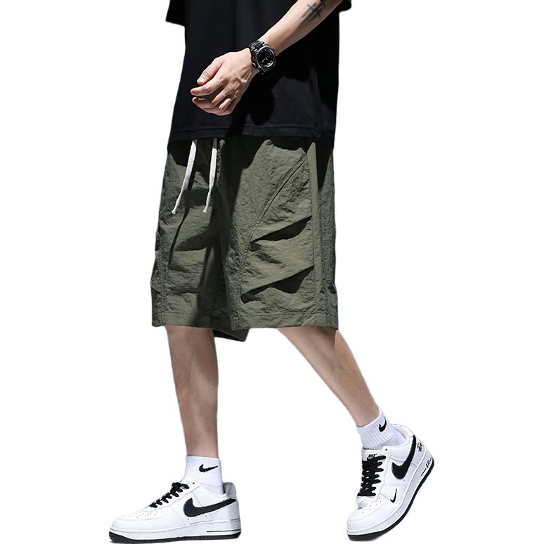 Foss Phil Men's Shorts, Summer Workwear Trendy Brand Casual Ice Silk Mid-Length Pants, Loose-Fitting Sports Knee-Length Shorts, 9906 Army Green, Size L