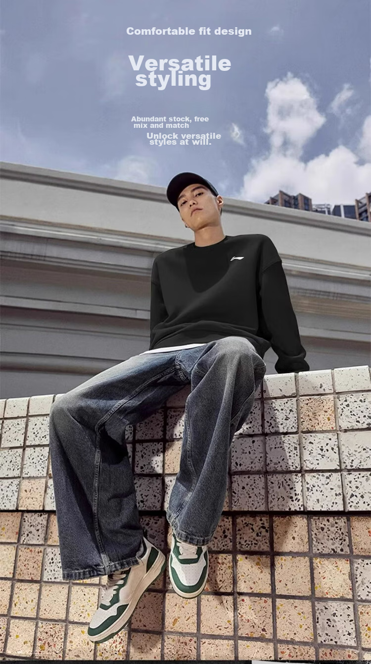 Li-Ning Sports Sweatshirt for Men, Spring 2026 Round Neck Pullover, Hoodless Simple Solid Color Loose Casual Workout Fitness Long-Sleeve Top 8