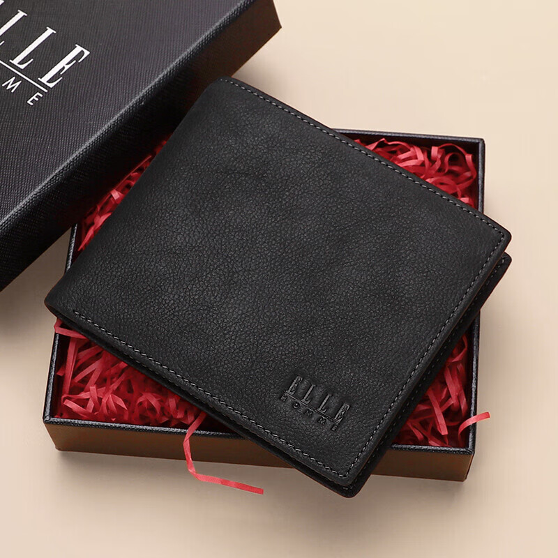 ELLE HOMME Men's Short Wallet, Top-Grain Leather Multifunctional Card Holder Horizontal Style Money Clip 1520, Birthday Gift for Boyfriend
