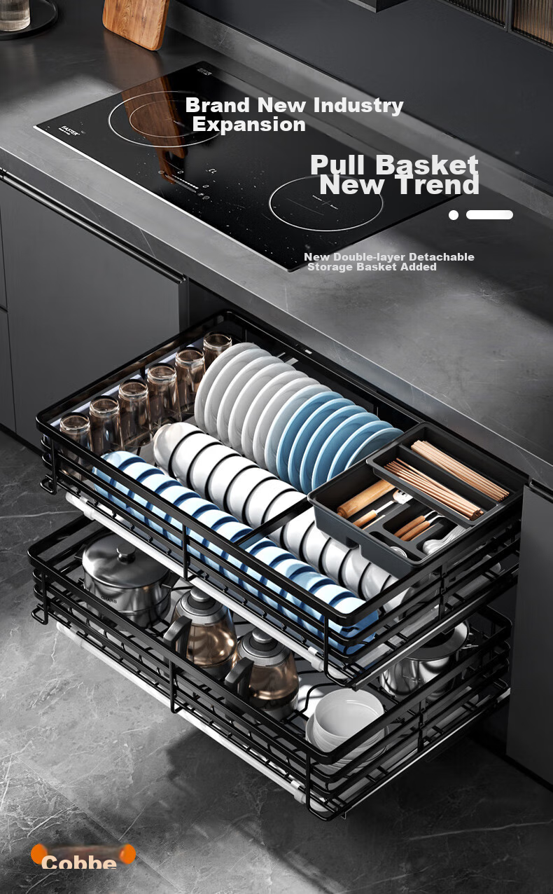 Cobbe 304 Stainless Steel Drawer-Type Bowl Rack, Kitchen Cabinet Double-Layer Pot Bowl Plate Storage Shelf, Cabinet Bowl Dish Pull-Out Basket 5