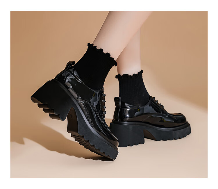 DAPHNE Thick-Soled Loafers for Women, Comfortable Versatile Shoes to Match Dresses, British Style Leather Shoes for Women, Glossy Black, Size 37 14