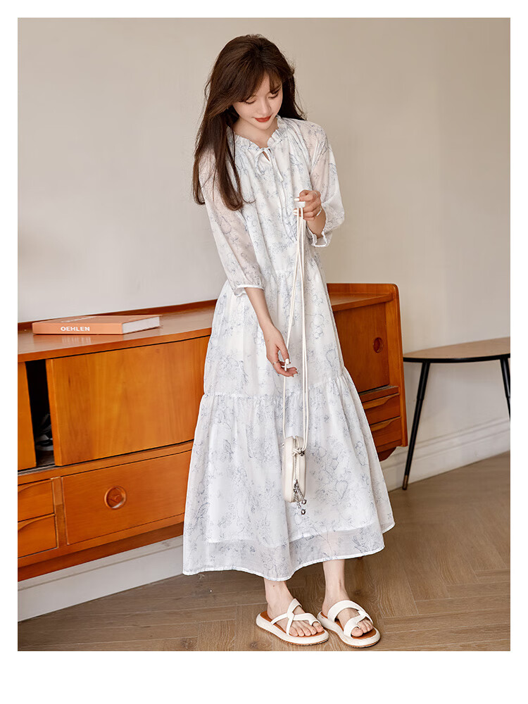 Dme Floral Print Pleated Dress Summer Fresh Three-Quarter Sleeve Long Dress, Floral Print, Size L 8