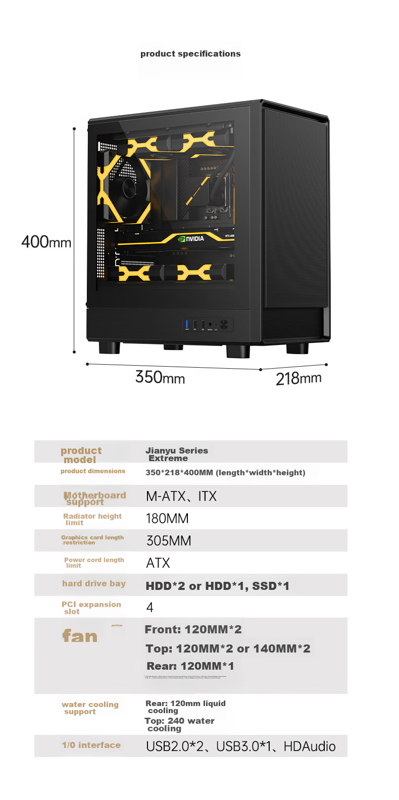 Golden Field Jianyu Jixi Black Wide Desktop Computer Case, Front Panel without Fan Leakage, Fully Compatible with 240mm Water Cooling, M-ATX Motherboard, 180mm CPU Cooler Height Limit 10