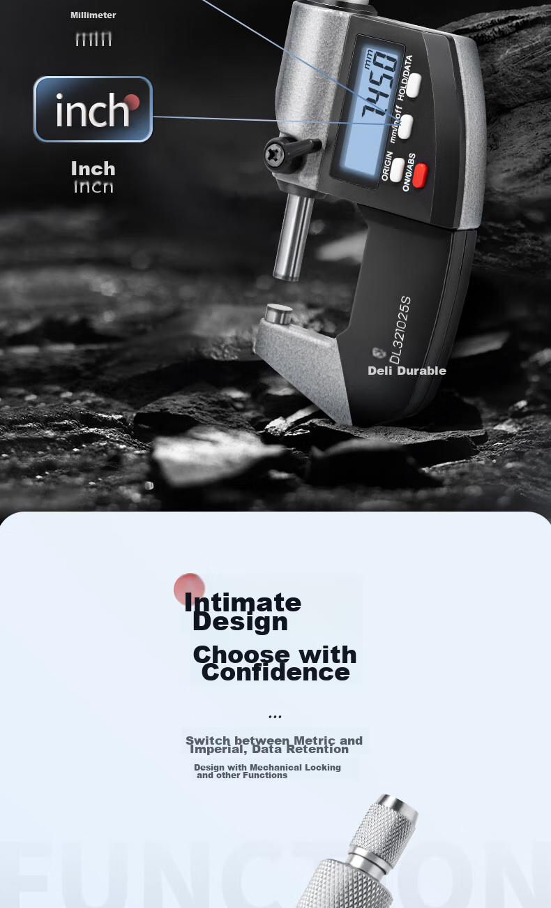 Deli Digital Dial Caliper, Dual-Use Micrometer with External Diameter Gauge, 0.001mm High-Precision Thickness Gauge, Vernier Caliper 9