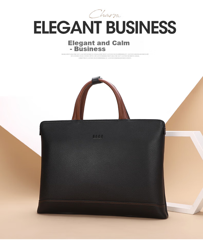 ELLE HOMME Men's Business Briefcase, Fashionable Genuine Leather Handbag, Horizontal Trendy Simple Cowhide Men's Bag, 12510 Black 4