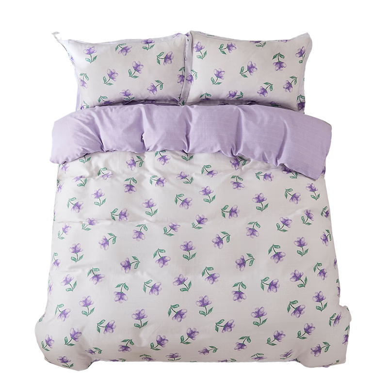 Hengyuanxiang Four-Piece Bedding Set, Thick Cotton Blend, Durable, Ultra-Soft And Skin-Friendly, Autumn And Winter Bedding Set (Duvet Cover 2*2.3m), Purple Hibiscus
