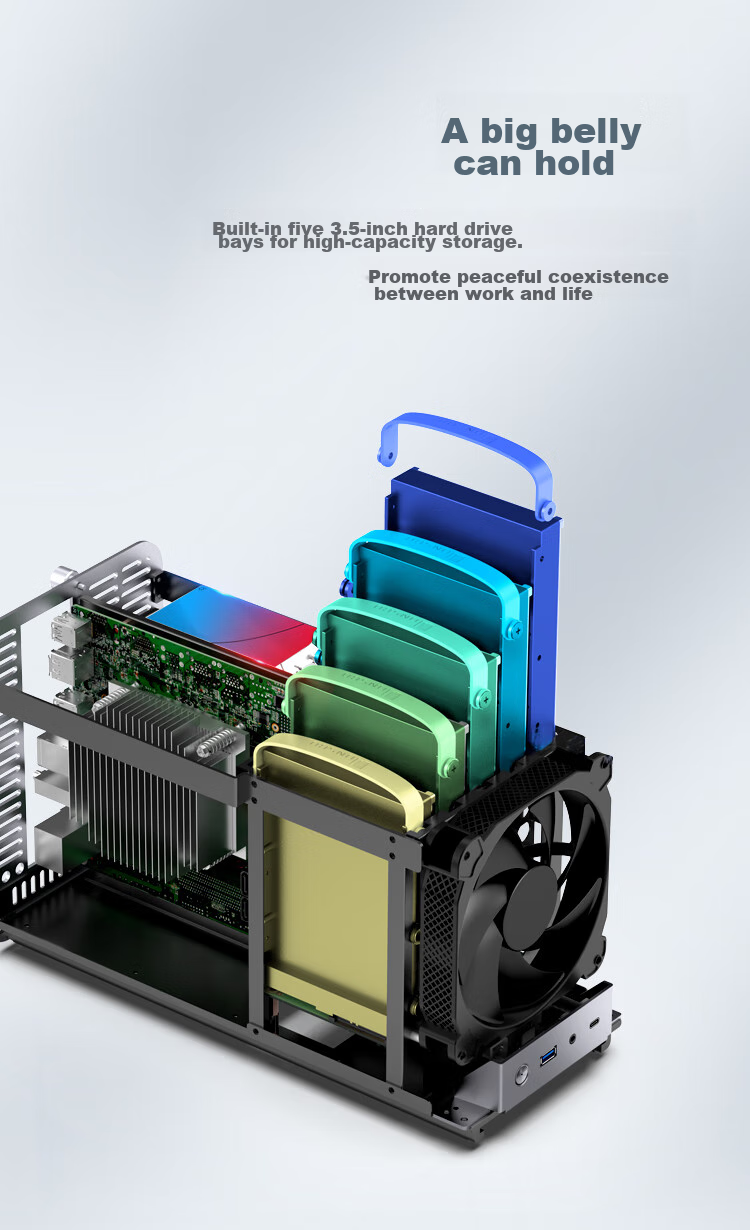 JONSBO N3 Black NAS Case (ITX Motherboard, Aluminum Shell, SFX Power Supply Position, Upper And Lower Compartment Structure, 8+1 Hard Drive Bays, Built-In 100mm*2 Fans) 8