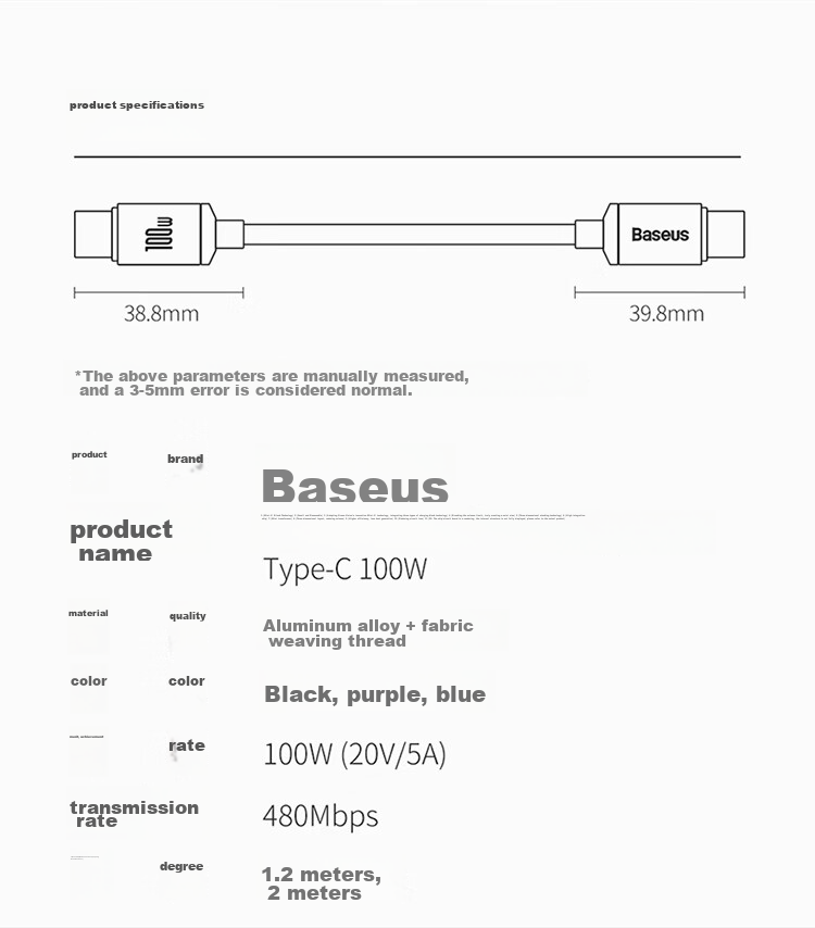 BASEUS Apple 18 Charging Cable, Dual Type-C Data Cable, PD100W, Suitable for IPhone 17/16/15, Xiaomi, Huawei, Honor Phones, Mac Computers, IPad, 2 Meters, Blue 13