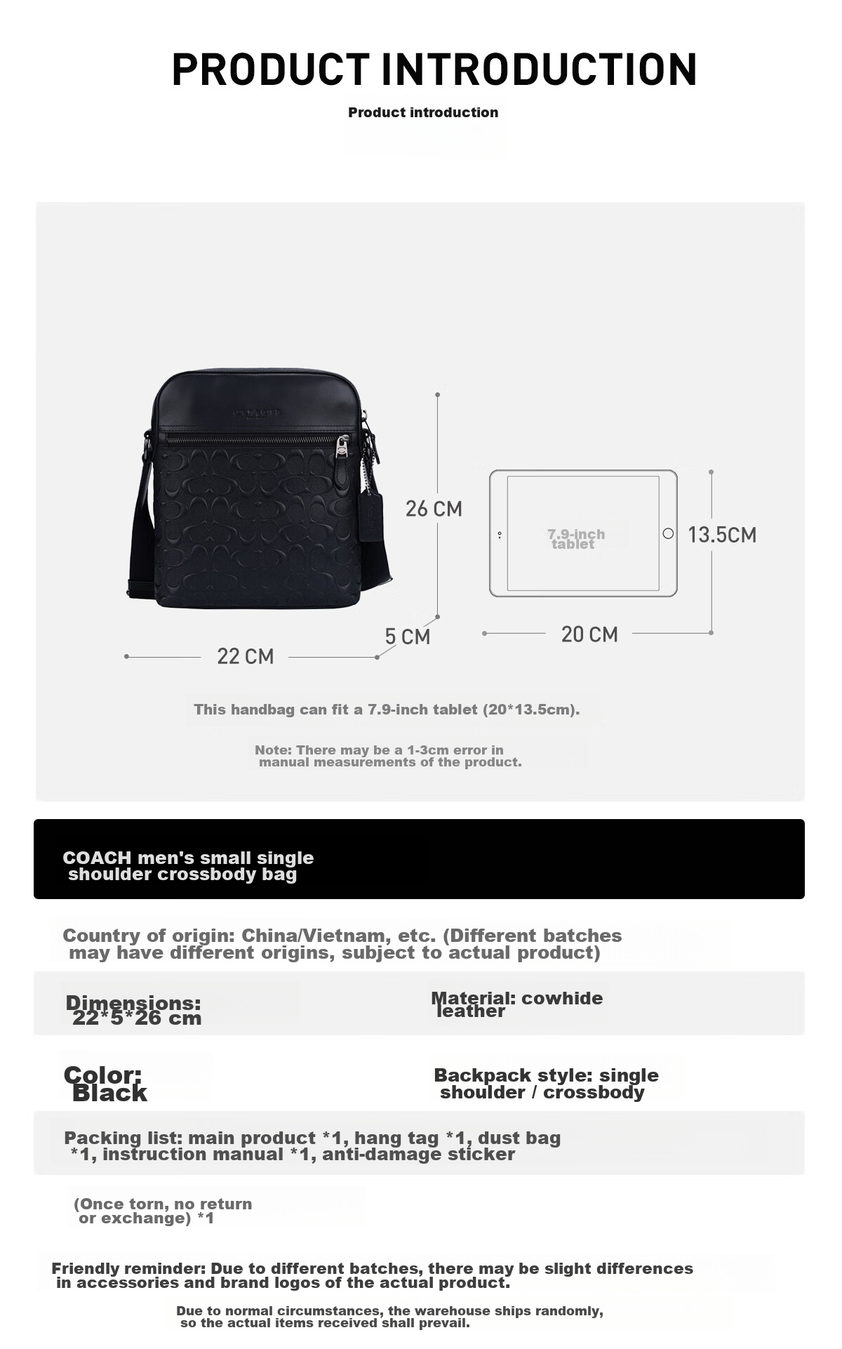 COACH [Brand Direct Supply] Men's HOUSTON Small Handbag Shoulder Crossbody Bag, Black 4009 Gift 1