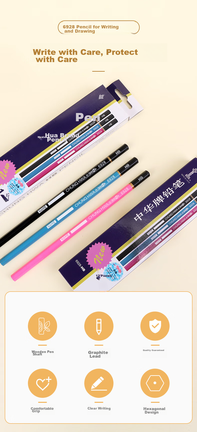Zhonghua [Back to School Essential] Zhonghua Hexagonal HB Student Pencils for Office Writing, Pack of 12, Model 6928 2
