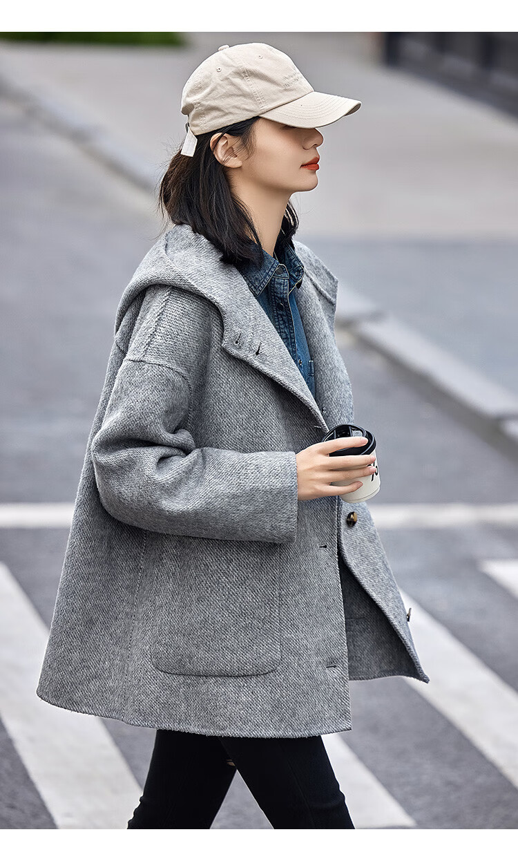 Demana Gray Series Hooded Woolen Coat Winter Loose Long Double-Sided Wool Coat Women Gray L 6