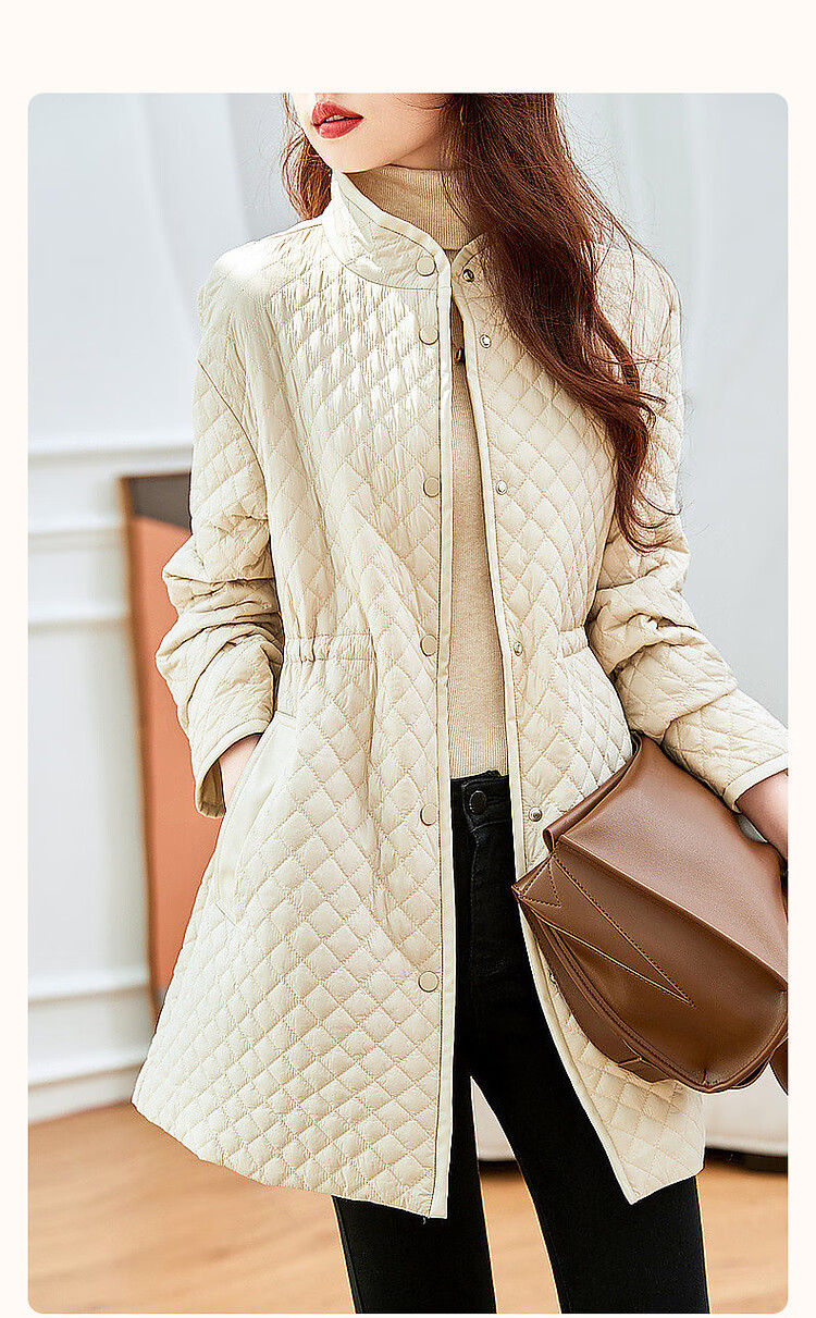 Dme [Quilted Diamond-Patterned Cotton Coat] Winter Stand-Collar Loose Drop-Shoulder Anti-Chafe Padded Jacket for Women, Mid-Length Style, Black, Size M 2