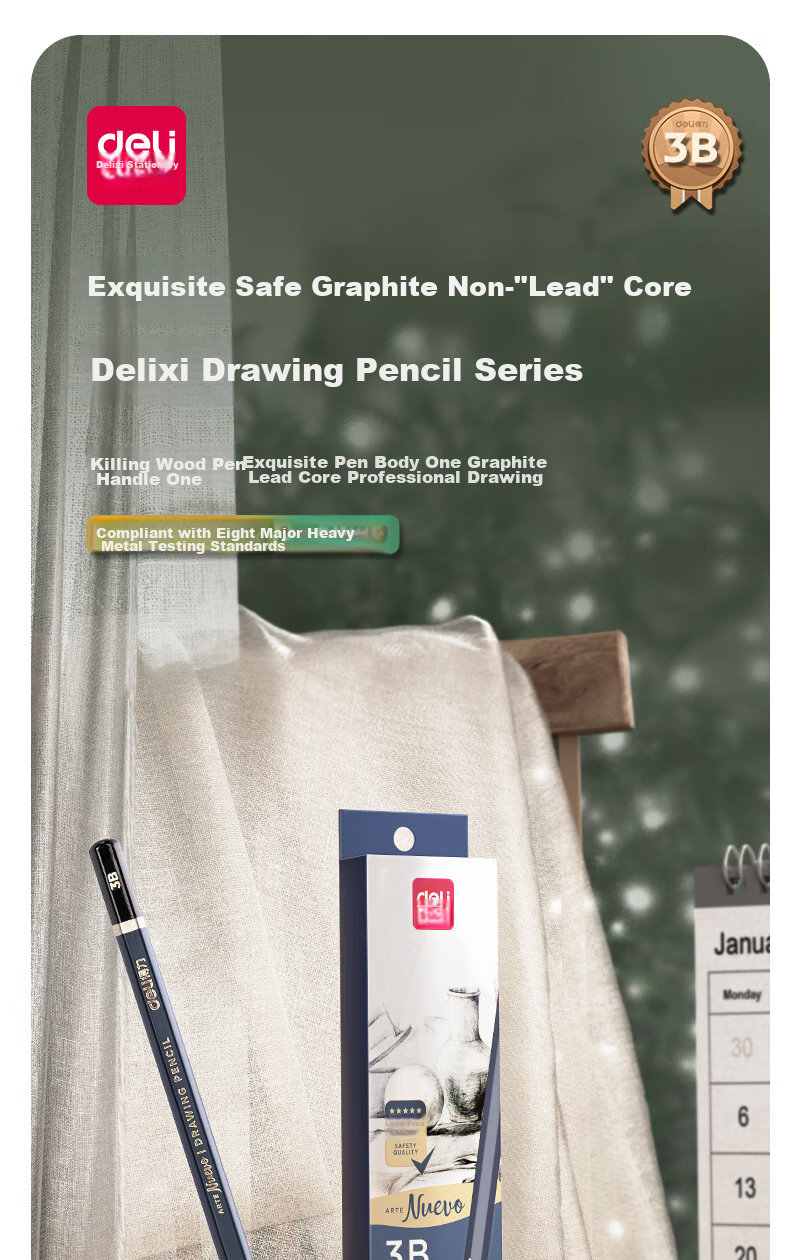 Deli Premium Drawing Pencils, 12 Pieces, 3B Sketching Pencils, Hexagonal Barrel Writing Black Pencils for Students, Art Sketching Engineering Drafting Pencils, Specialized for Beginners, Back-To Stationery 2