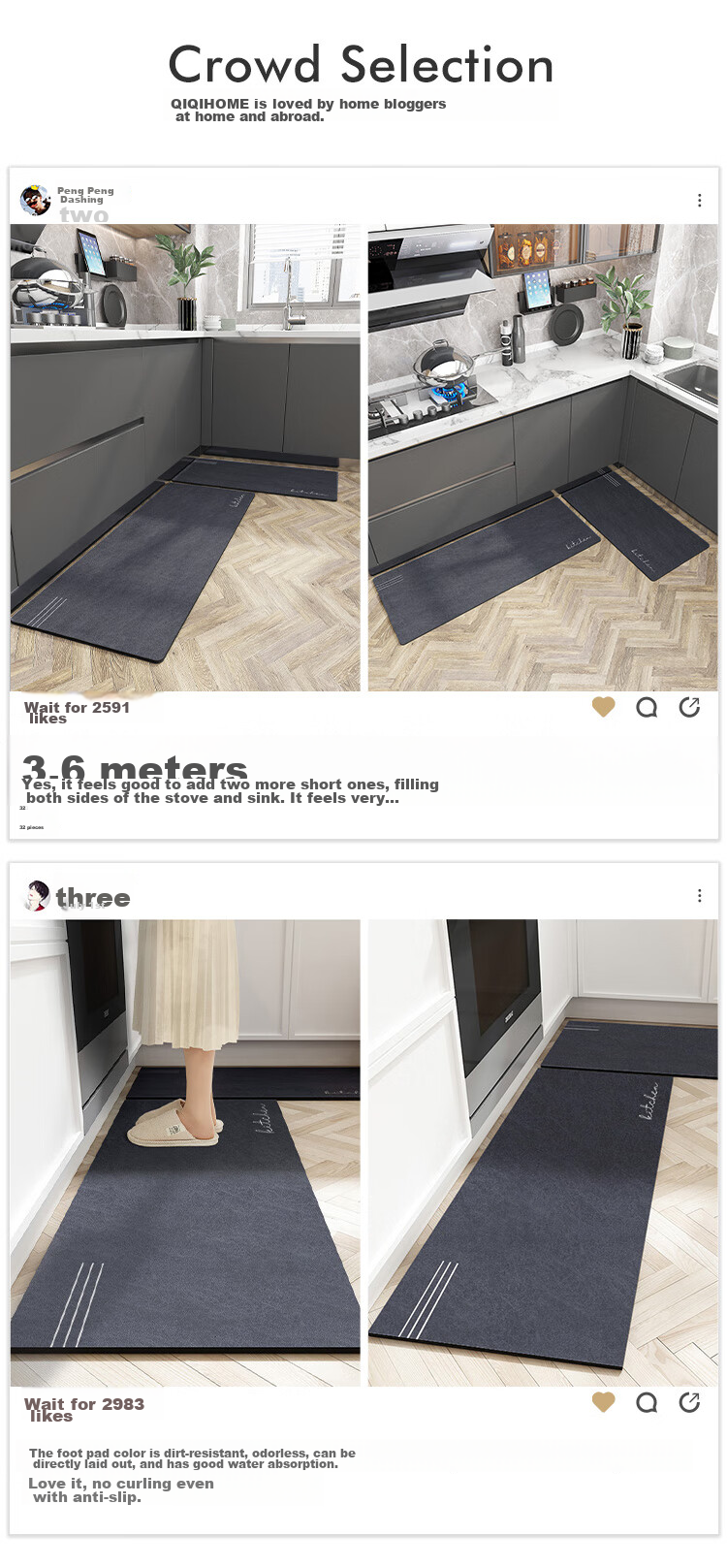 Qiqijia Household Kitchen Floor Mat, Wipeable, No Cleaning Required, Dirt-Resistant Foot Mat, Oil-Absorbing, Water-Absorbing, Long Strip, Non-Slip, Oil-Proof, Waterproof Mat 4