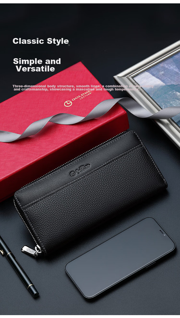 Goldlion Casual Fashion Cowhide Men's Bag, Long Wallet with Multiple Card Slots, Clutch in Gift Box, Birthday Gift for Gifting 4