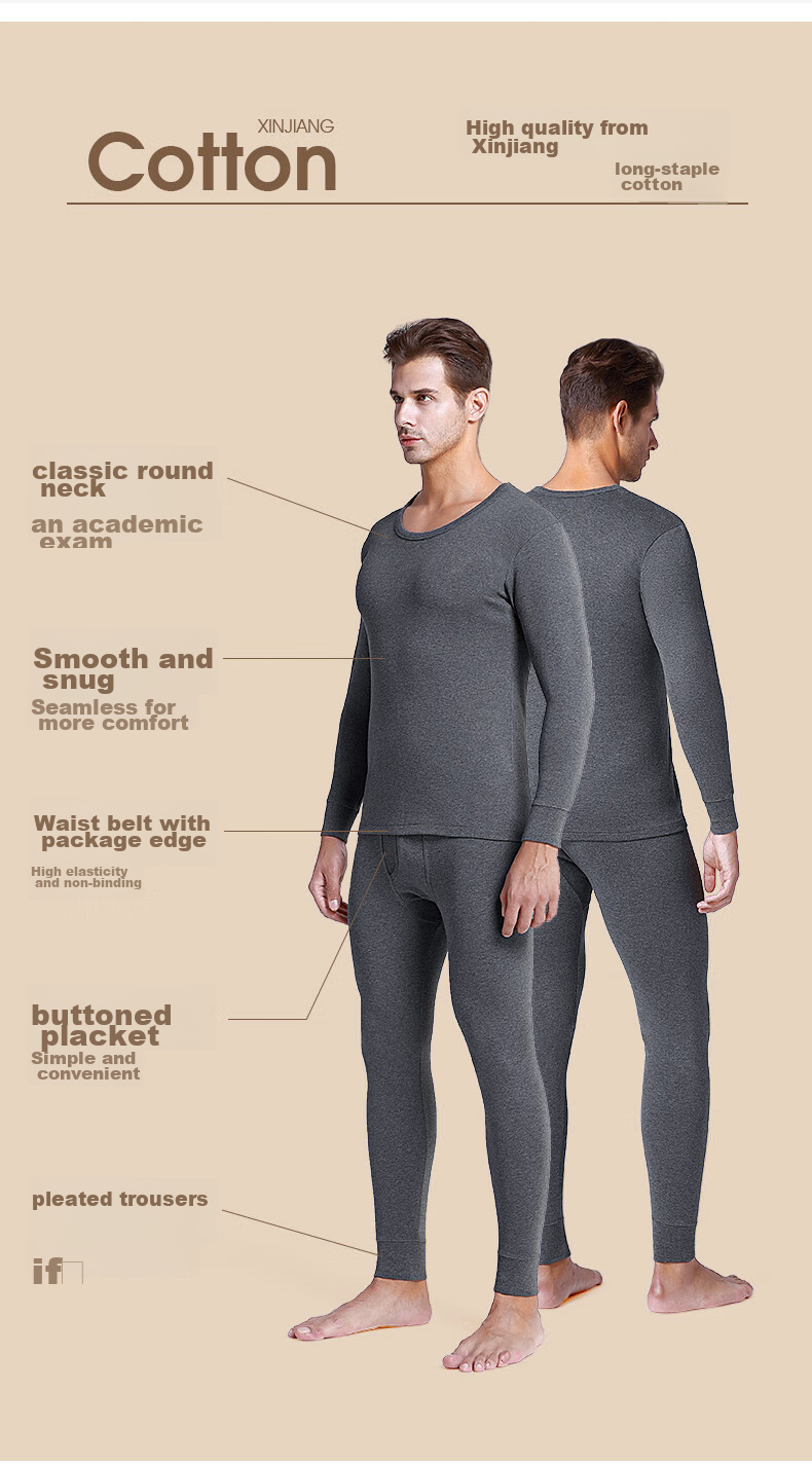LangSha Autumn Underwear Set for Men, Pure Cotton Antibacterial Thin Style Round Neck Thermal Underwear Set for Young Men, Winter Seaso 14