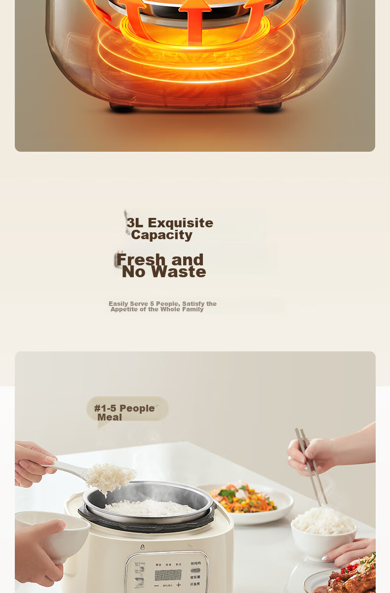 Joyoung Electric Pressure Cooker, 3L Compact Capacity, One-Touch Release Valve, Multifunctional Menu, Crystal Non-Stick Coating, 30NPS1 7