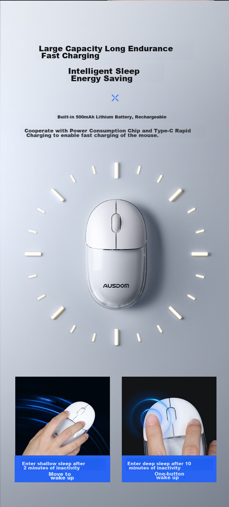 AUSDOM F01 Mouse, Bluetooth Wireless 2.4G Dual-Mode Transparent Mouse, for Home And Office Use, Rechargeable, Computer Laptop Silent White Light, High Aesthetic Value for Women, G04 Recommended Crystal White 6